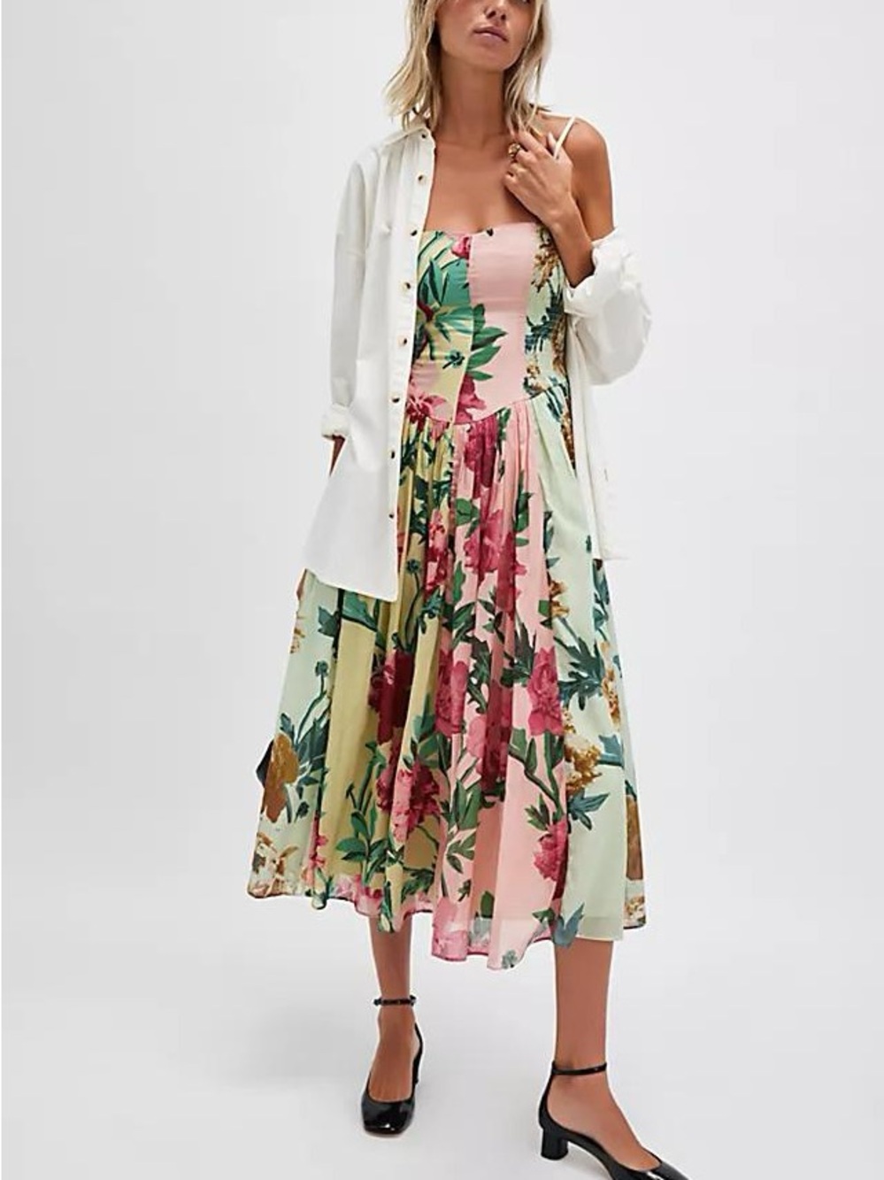 Free People Floral Patchwork Midi Dress in Pink and Cream